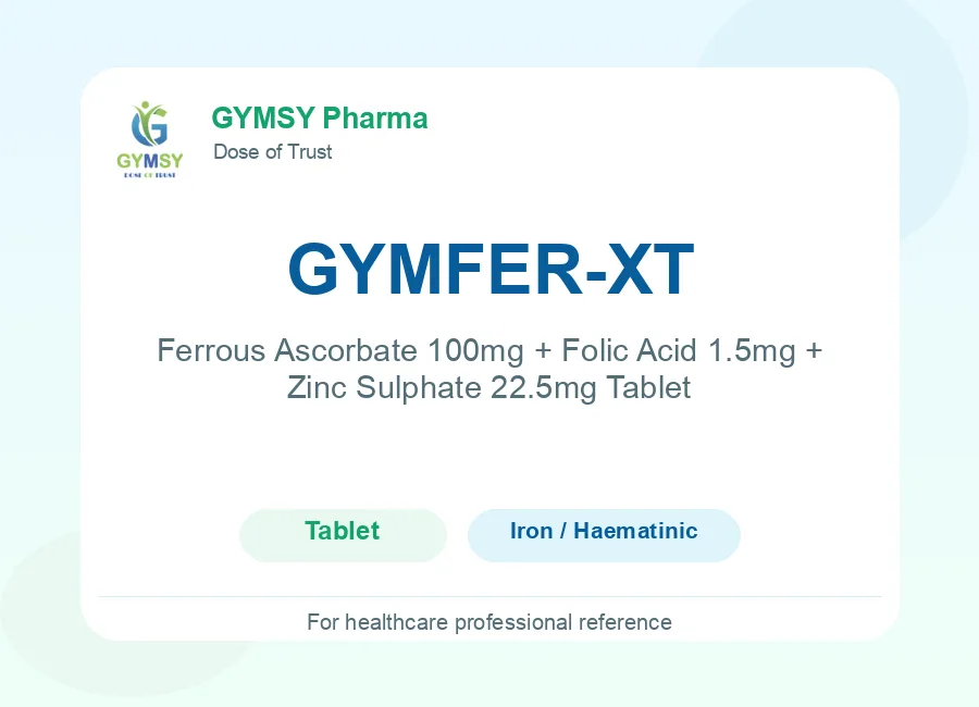 GYMFER-XT Ferrous Ascorbate 100mg + Folic Acid 1.5mg + Zinc Sulphate 22.5mg Tablet by GYMSY Pharma