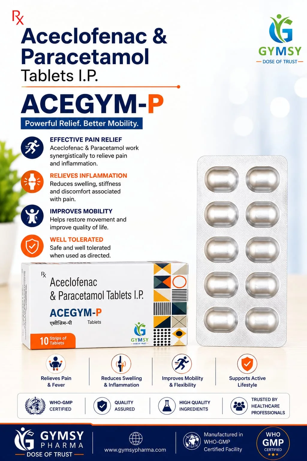 ACEGYM-P Aceclofenac 100mg + Paracetamol 325mg Tablet by GYMSY Pharma