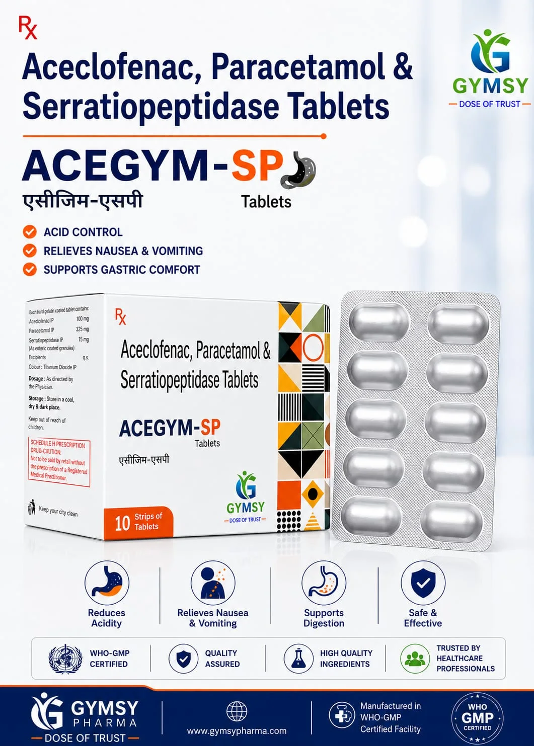 ACEGYM-SP Aceclofenac 100mg + Paracetamol 325mg + Serratiopeptidase 15mg Tablet by GYMSY Pharma