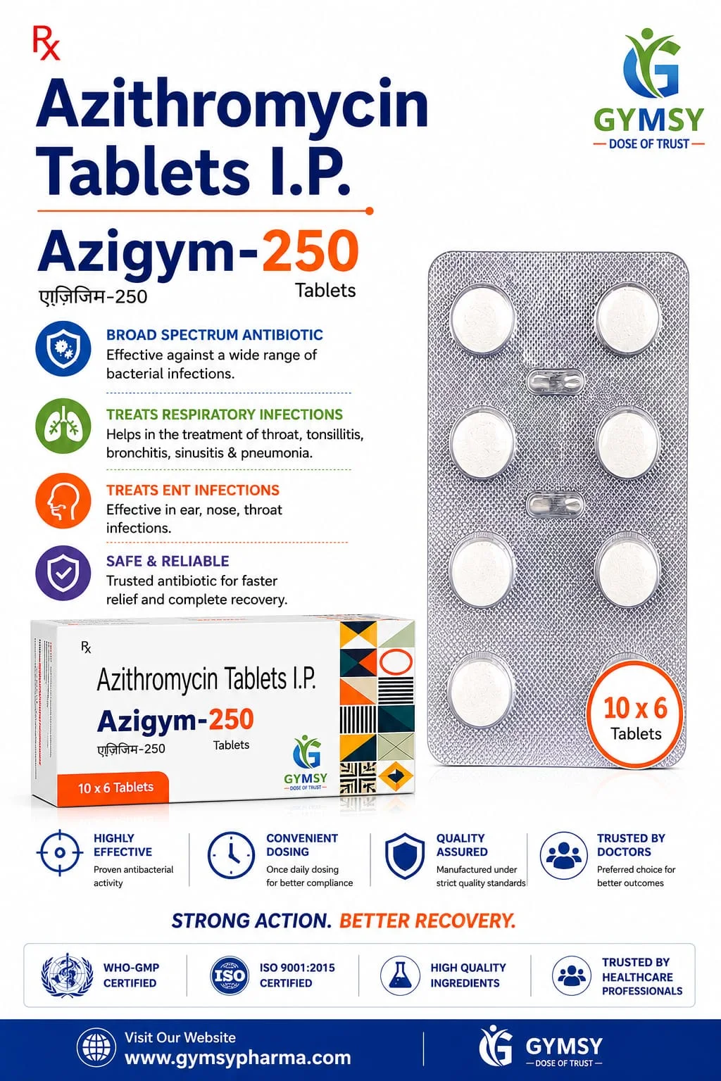 AZIGYM-250 Azithromycin 250mg Tablet by GYMSY Pharma
