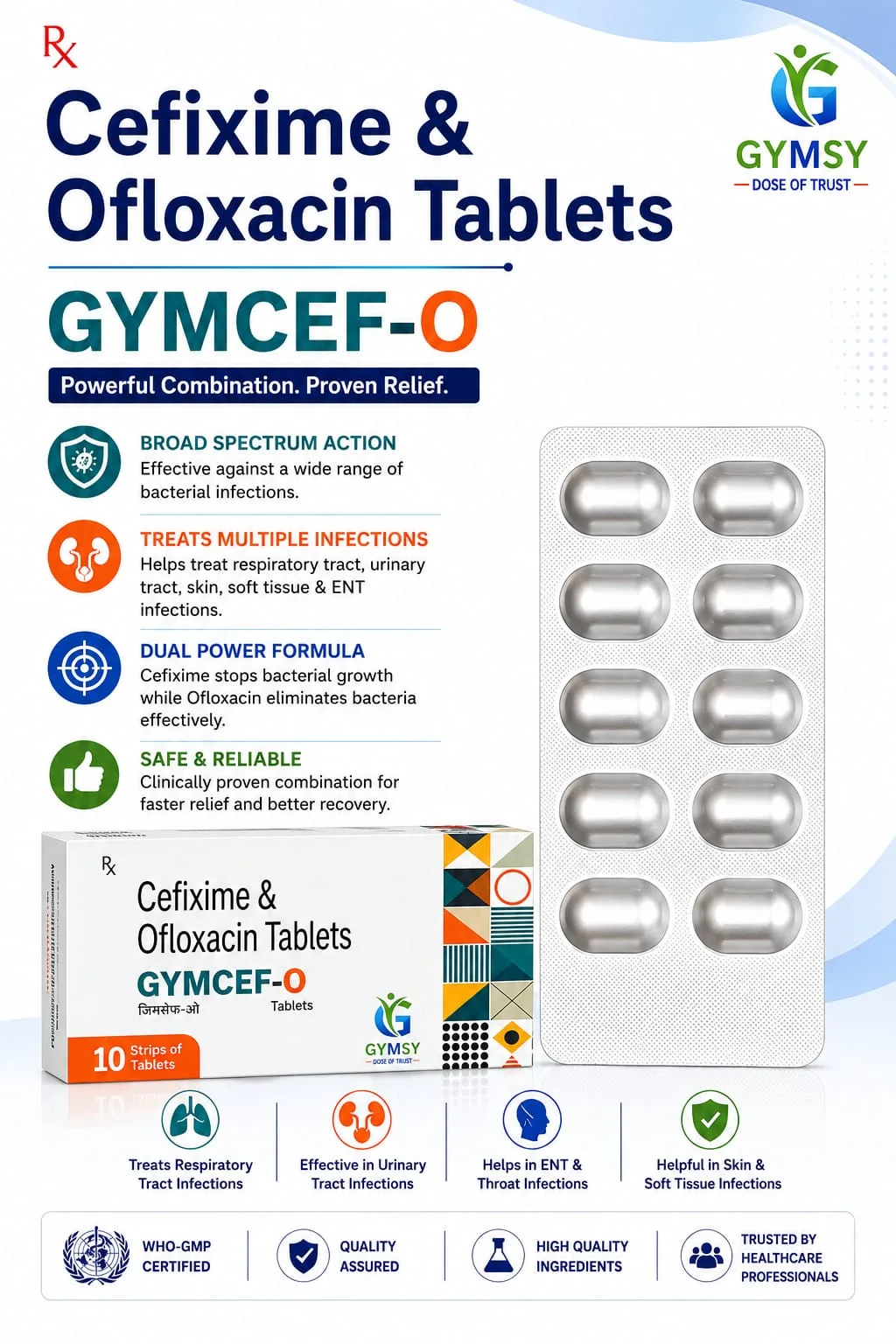 GYMCEF-O Cefixime 200mg + Ofloxacin 200mg Tablet by GYMSY Pharma