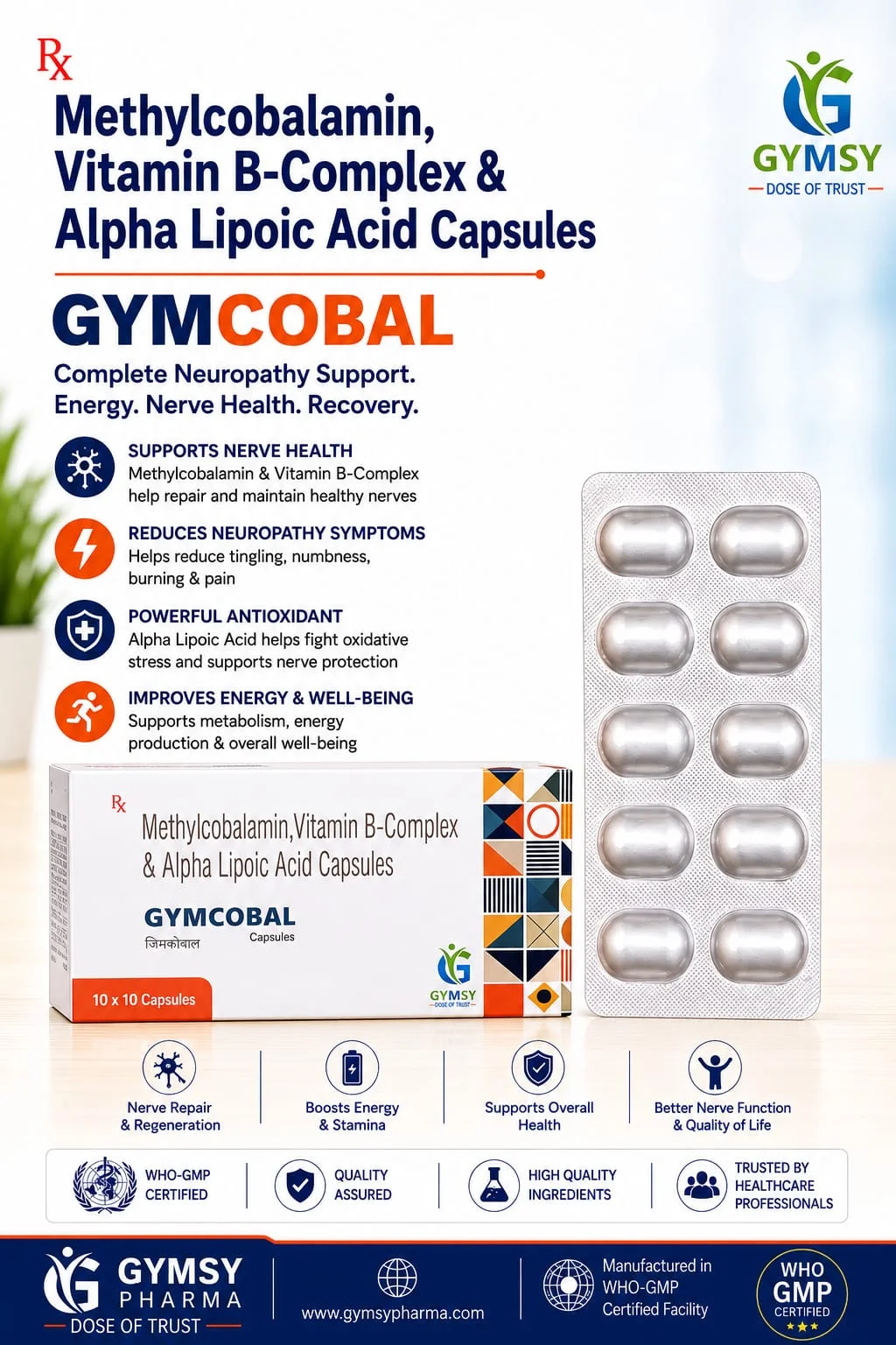 GYMCOBAL Alpha Lipoic Acid 100mg + Pyridoxine HCL 3mg + Methylcobalamin 1500mcg + Folic Acid 1.5mg + Vitamin B1 10mg Capsule by GYMSY Pharma