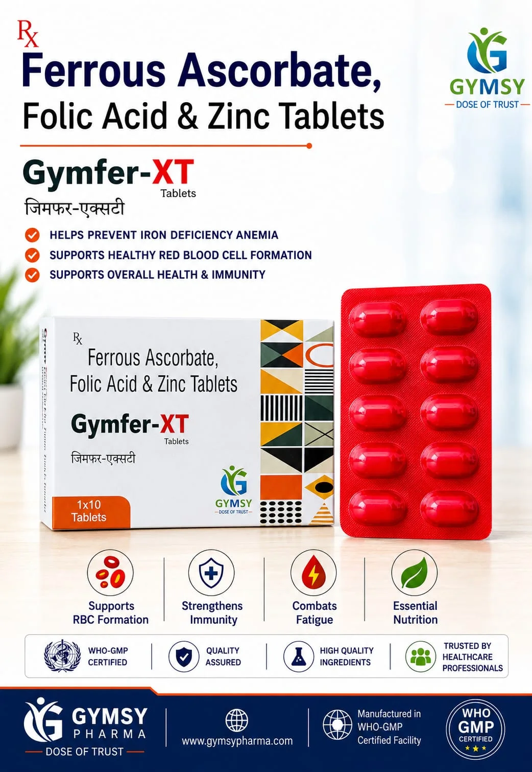 GYMFER-XT Ferrous Ascorbate 100mg + Folic Acid 1.5mg + Zinc Sulphate 22.5mg Tablet by GYMSY Pharma