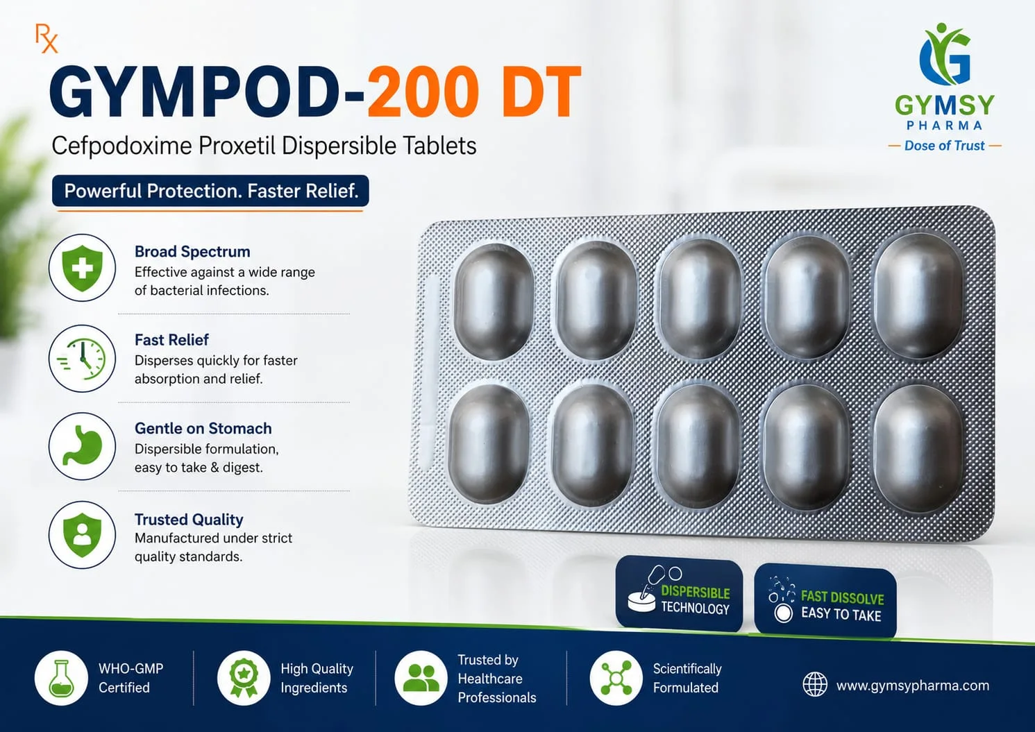 GYMPOD-200 Cefpodoxime Proxetil 200mg Dispersible Tablet by GYMSY Pharma brochure view