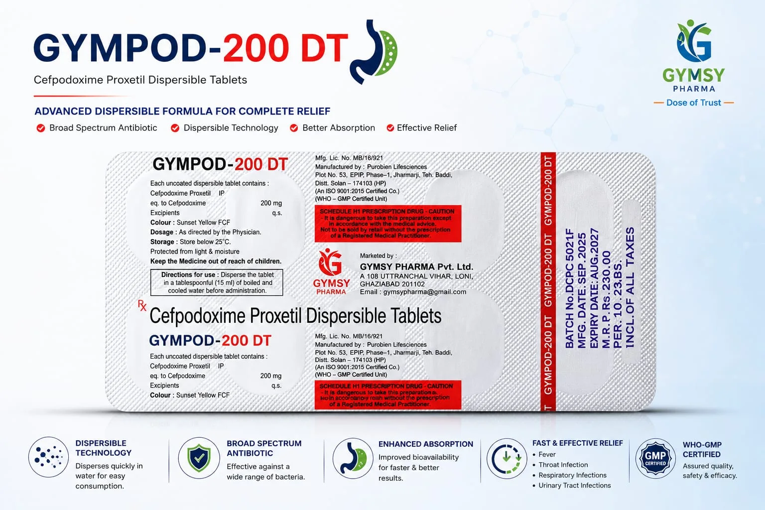 GYMPOD-200 Cefpodoxime Proxetil 200mg Dispersible Tablet by GYMSY Pharma image 3