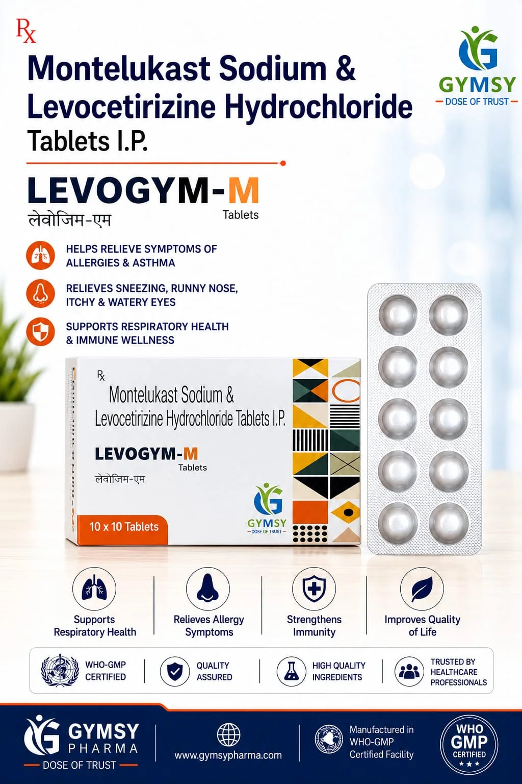 LEVOGYM-M Montelukast Sodium 10mg + Levocetirizine Hydrochloride 5mg Tablet by GYMSY Pharma