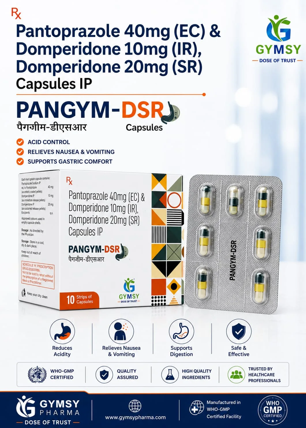 PANGYM-DSR Pantoprazole 40mg EC + Domperidone 10mg IR + Domperidone 20mg SR Capsule by GYMSY Pharma